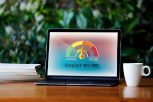 How divorce affects credit score; picture of laptop computer showing credit score scale